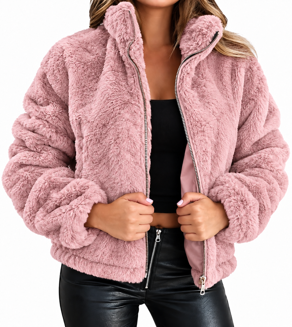 Damska Zimowa Kurtka Teddy Fleece z Zamkiem i Wysokim Kołnierzem