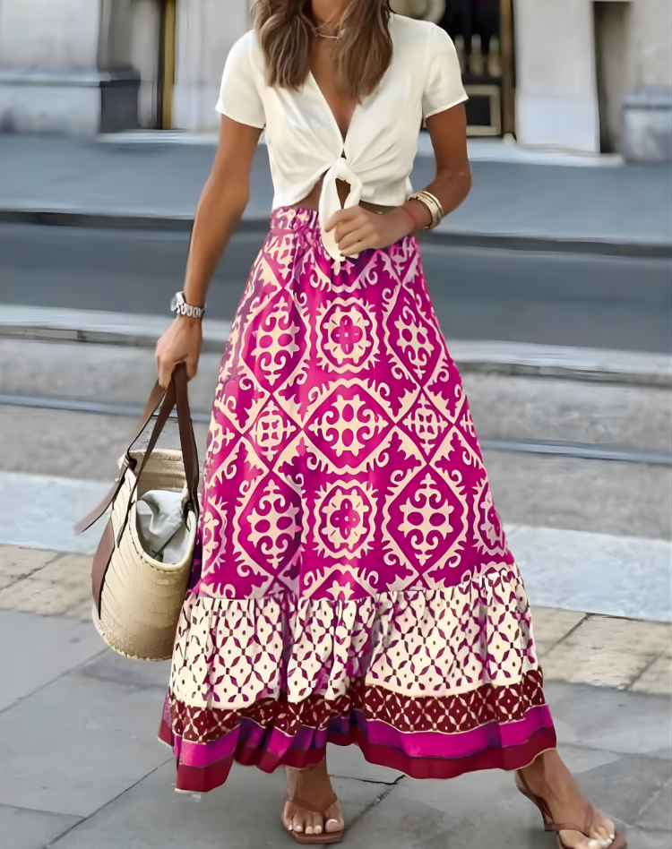 Bohemian Maxi Skirt With Print And Flowing Ruffle Hem