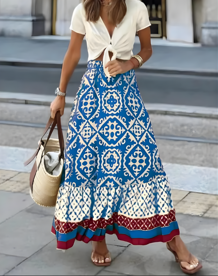 Bohemian Maxi Skirt With Print And Flowing Ruffle Hem