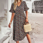 Bohemian Bloemenprint Midi Zomerjurk met Korte Mouwen voor Dames