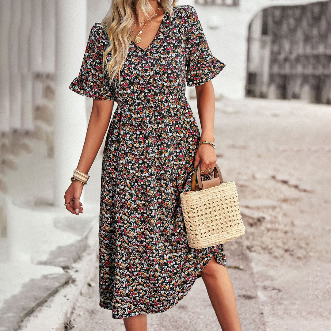 Bohemian Bloemenprint Midi Zomerjurk met Korte Mouwen voor Dames