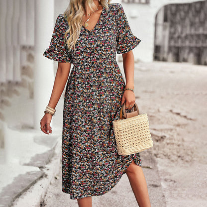 Bohemian Bloemenprint Midi Zomerjurk met Korte Mouwen voor Dames
