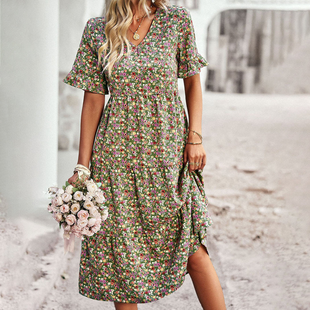 Bohemian Bloemenprint Midi Zomerjurk met Korte Mouwen voor Dames