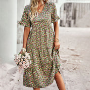 Bohemian Bloemenprint Midi Zomerjurk met Korte Mouwen voor Dames