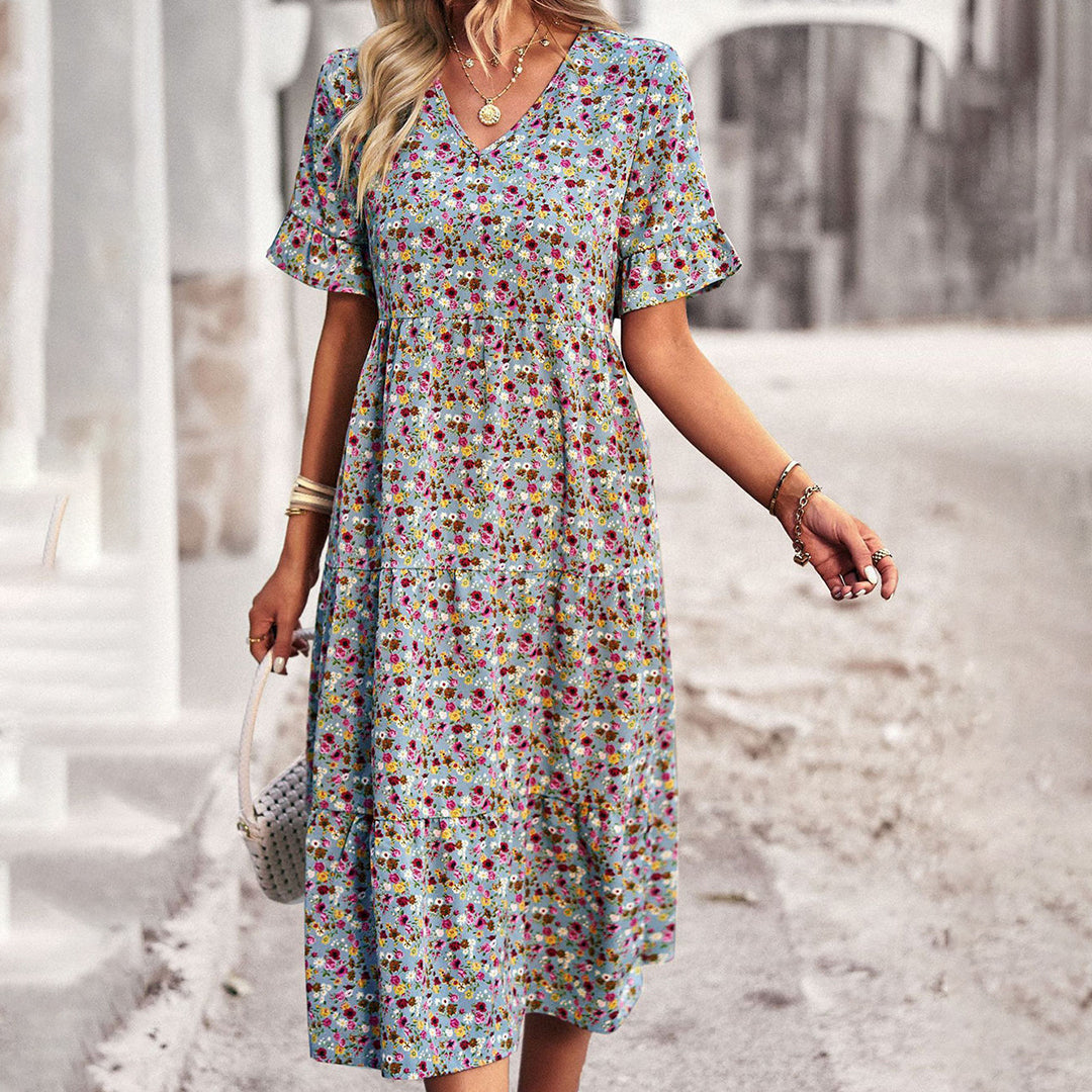 Bohemian Bloemenprint Midi Zomerjurk met Korte Mouwen voor Dames