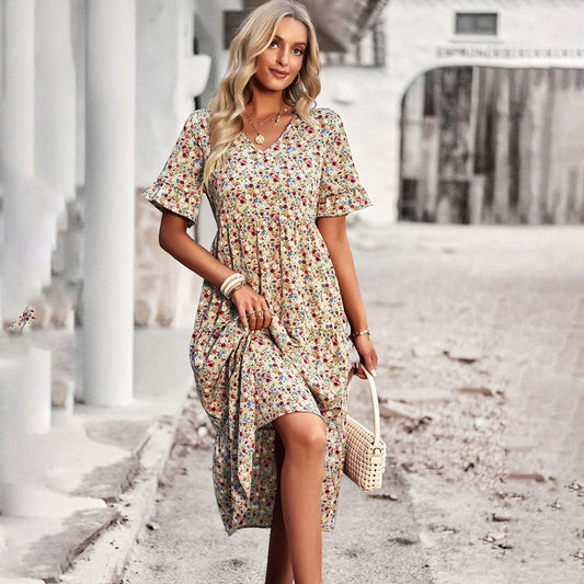 Bohemian Bloemenprint Midi Zomerjurk met Korte Mouwen voor Dames