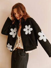 Teddy Jacket with Floral Print and Zipper Closure for Women