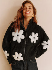 Teddy Jacket with Floral Print and Zipper Closure for Women