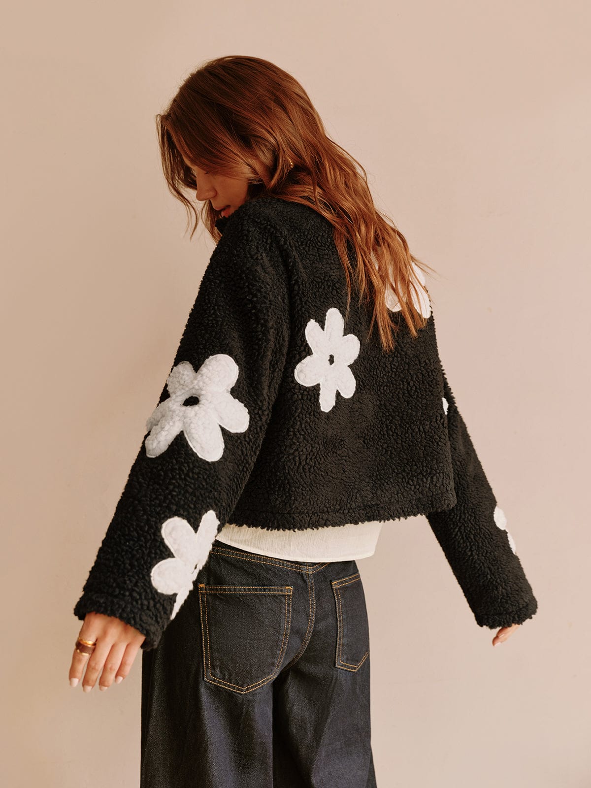 Teddy Jacket with Floral Print and Zipper Closure for Women