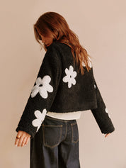 Teddy Jacket with Floral Print and Zipper Closure for Women