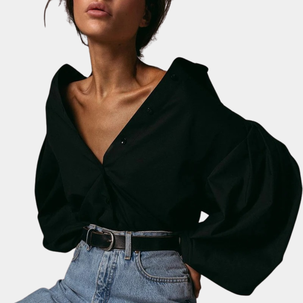 Dames Oversized Blouse met Diepe V-Hals en Statement Mouwen