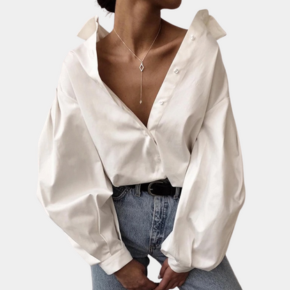 Dames Oversized Blouse met Diepe V-Hals en Statement Mouwen