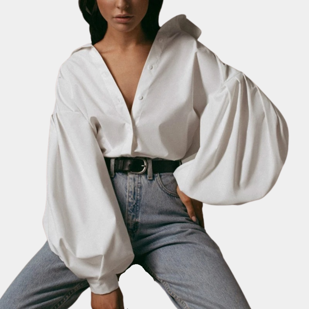 Dames Oversized Blouse met Diepe V-Hals en Statement Mouwen