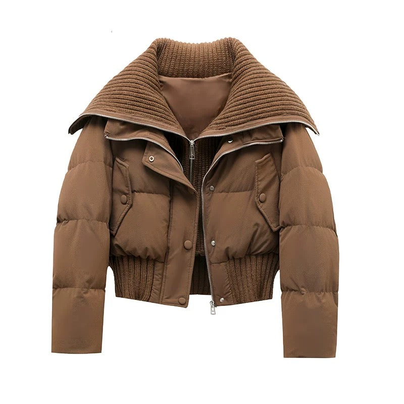 Women's Short Puffer Winter Jacket Quilted with Ribbed Collar