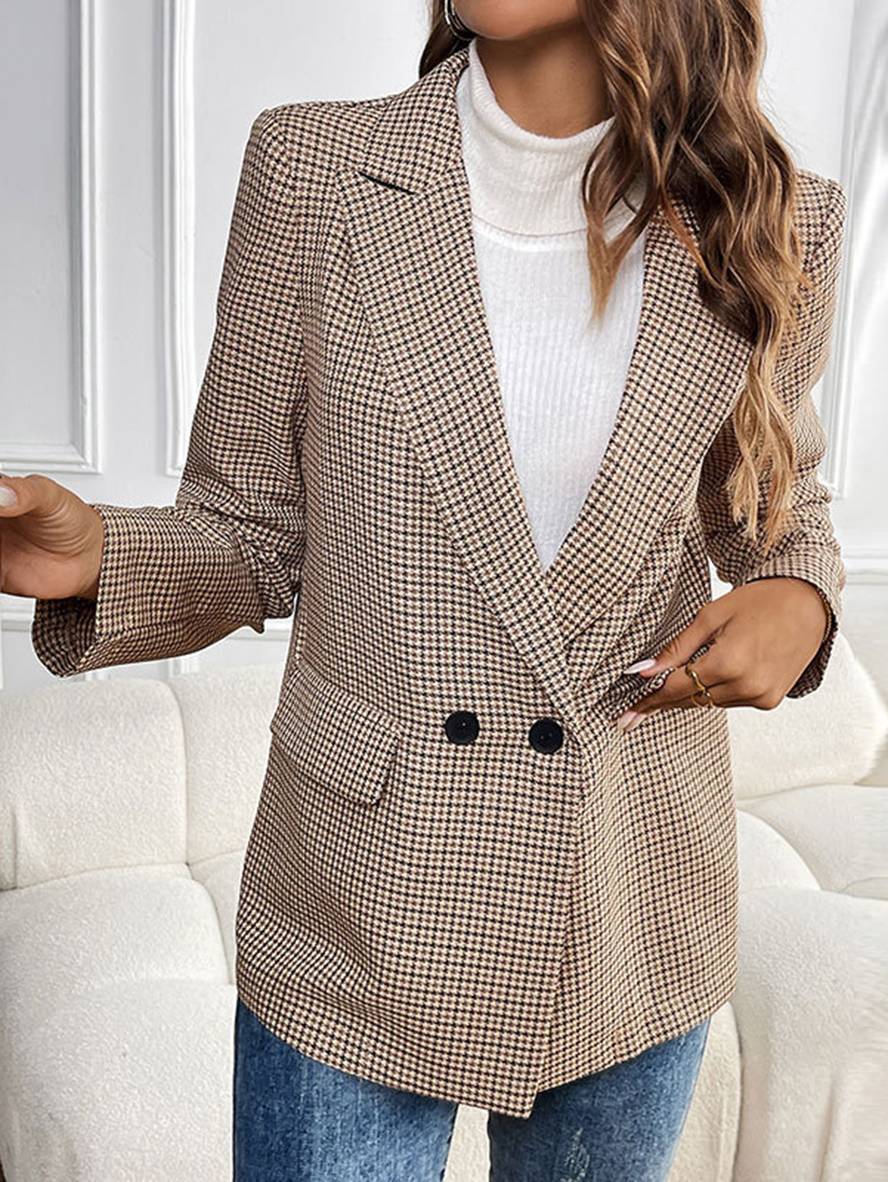Elegante Comfortabele Getailleerde Geruite Dames Blazer