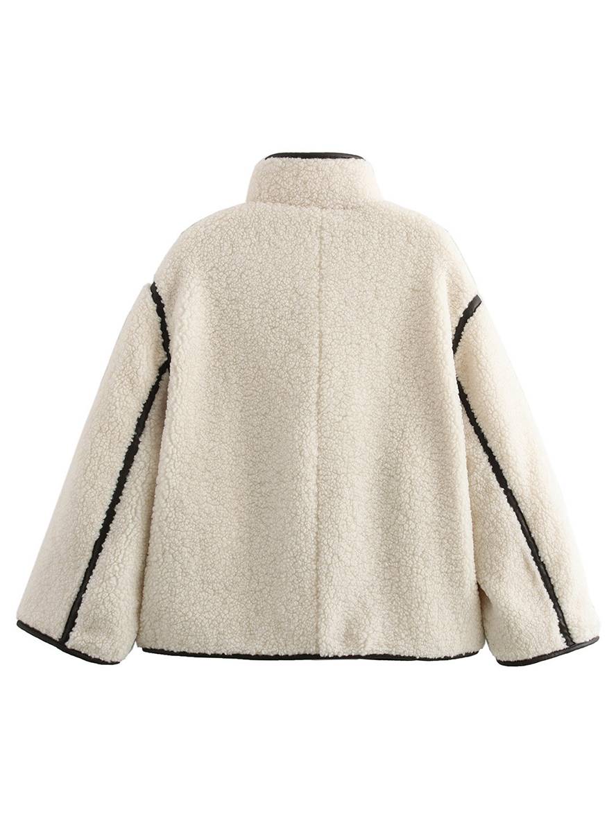 Witte Oversized Fleece Jas Met Hoge Kraag En Zakken Voor Vrouwen
