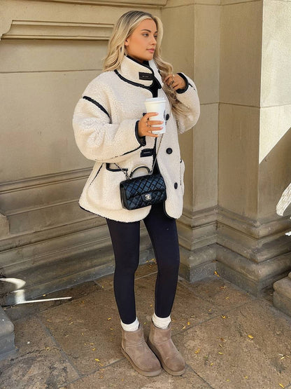 Witte Oversized Fleece Jas Met Hoge Kraag En Zakken Voor Vrouwen