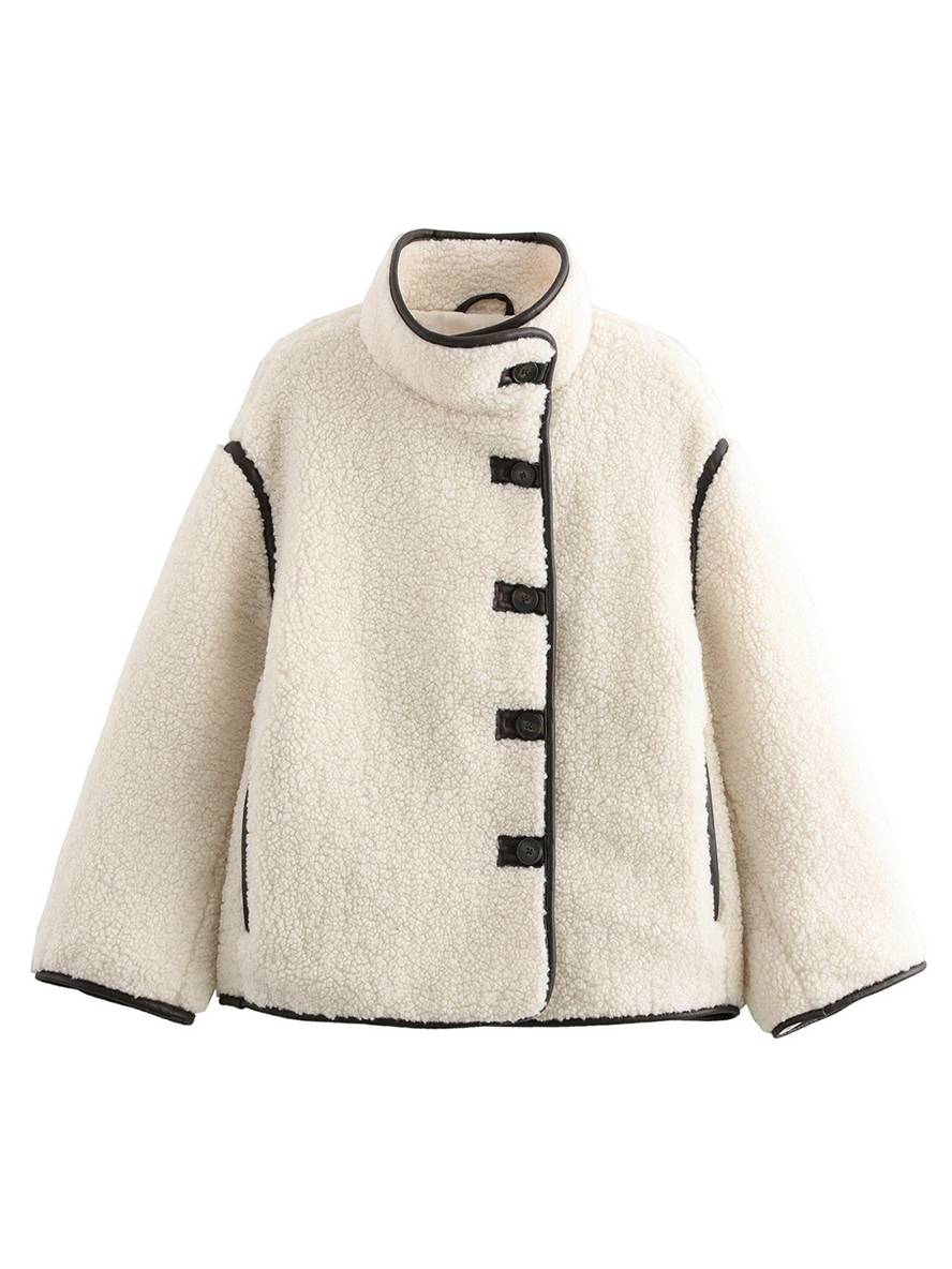 Witte Oversized Fleece Jas Met Hoge Kraag En Zakken Voor Vrouwen