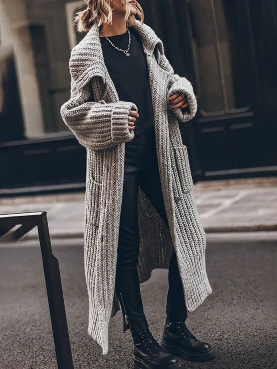 Gebreid Oversized Lang Met Knopen En Zakken Voor Vrouwen Cardigan