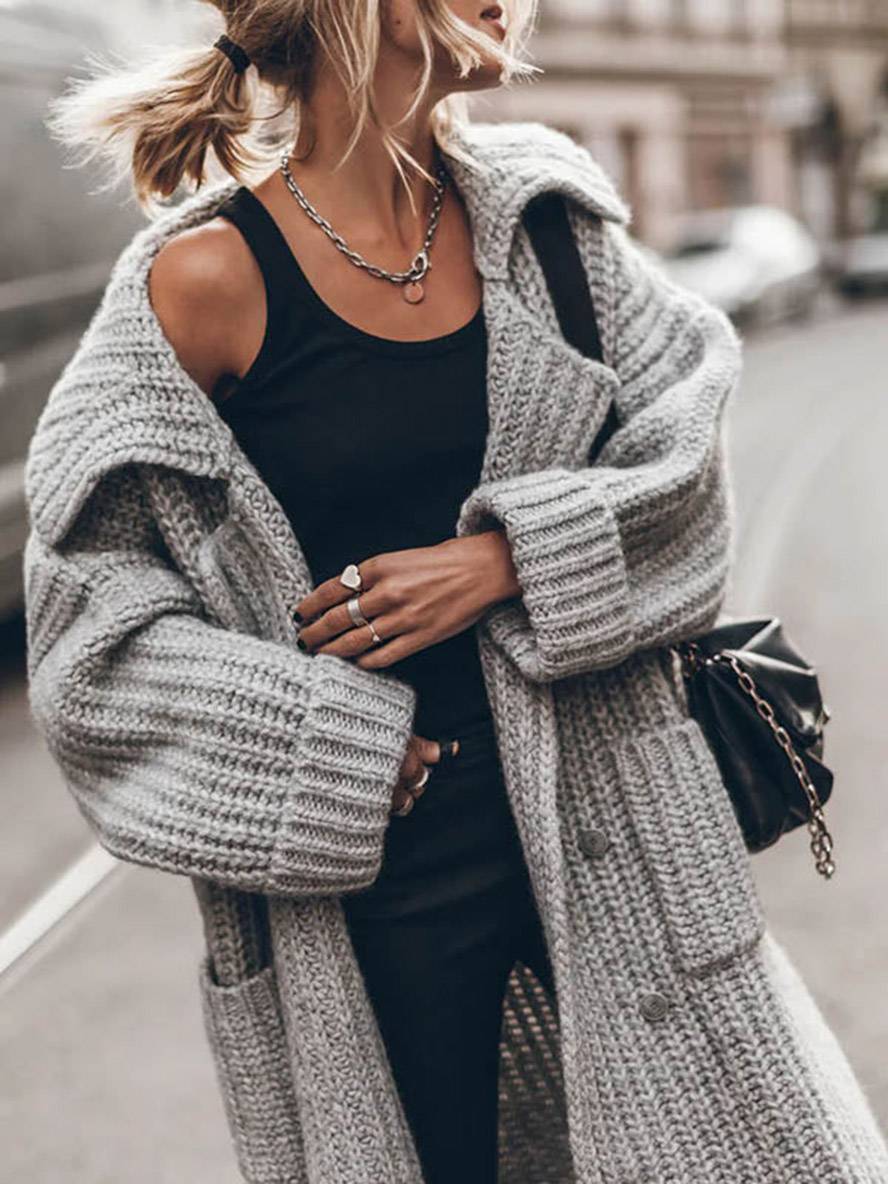 Gebreid Oversized Lang Met Knopen En Zakken Voor Vrouwen Cardigan