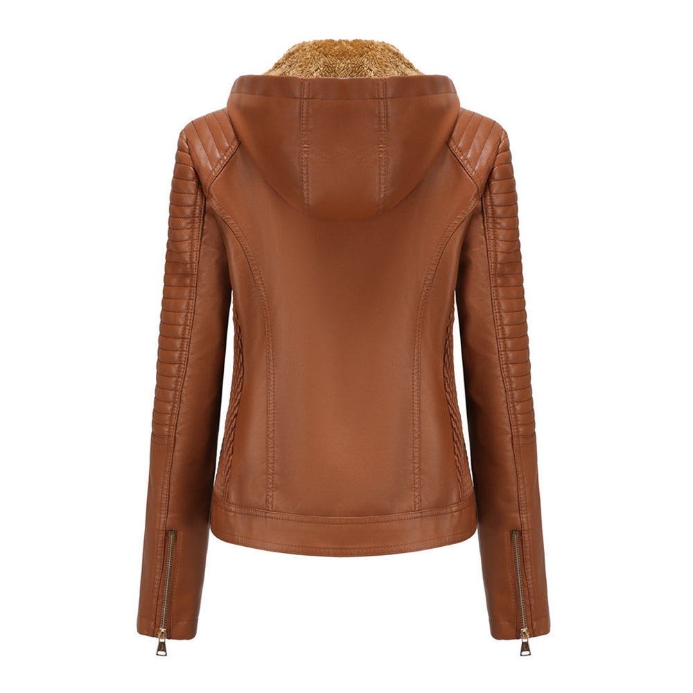 Leren Dames Jas met Afneembare Capuchon en Rits