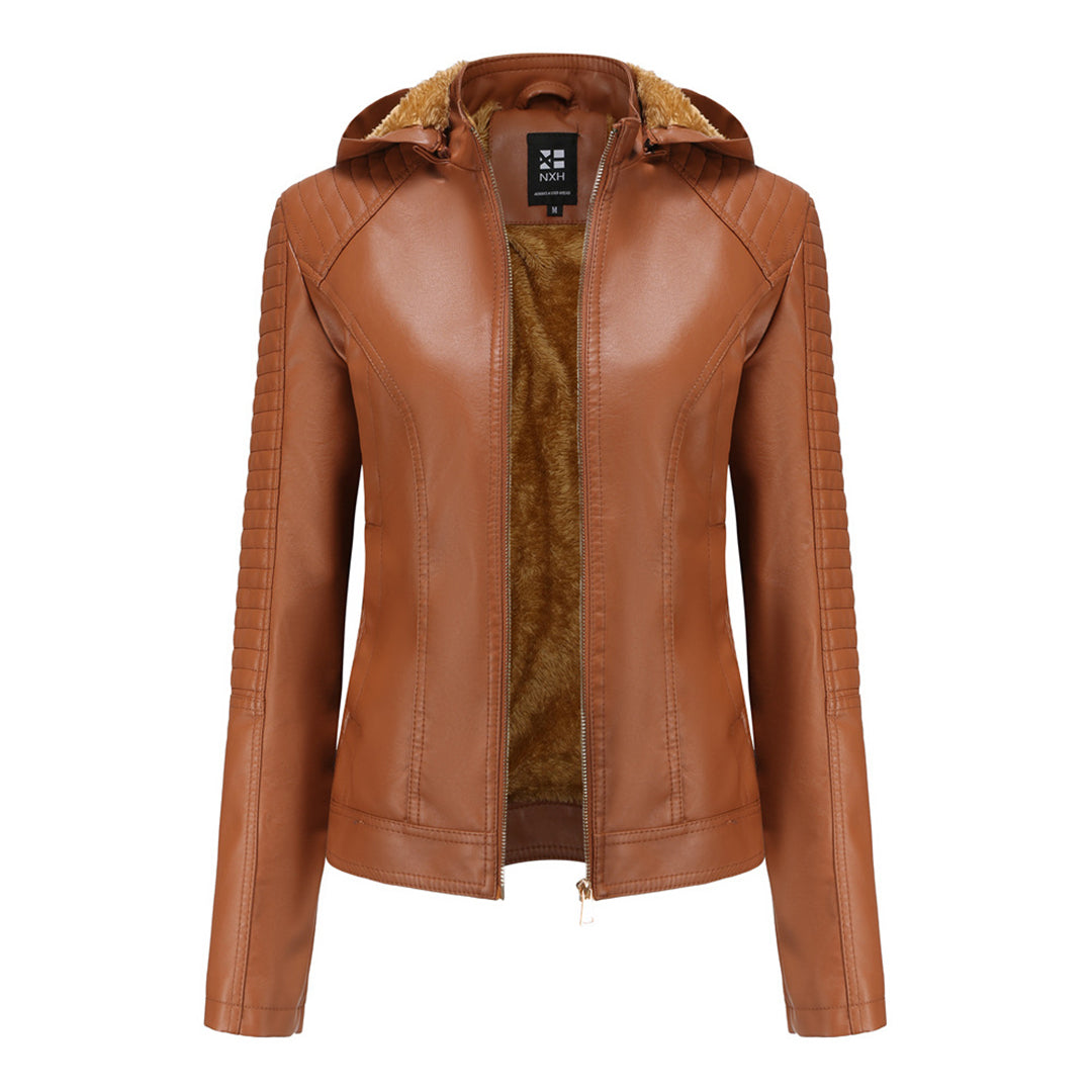 Leren Dames Jas met Afneembare Capuchon en Rits