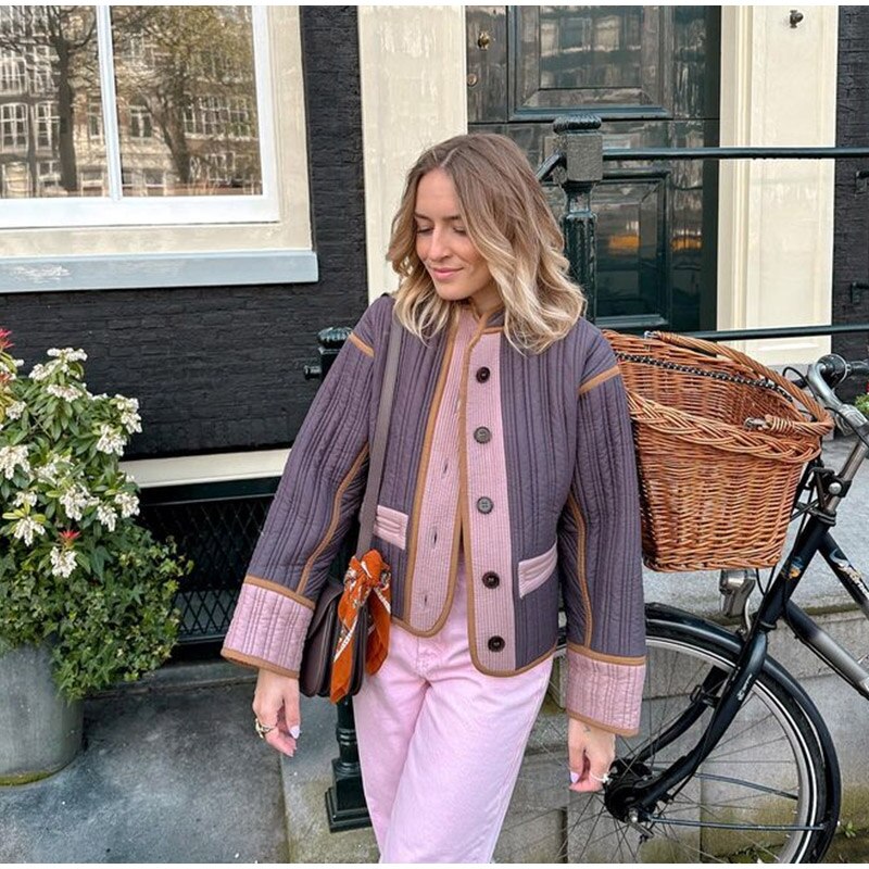 Gewatteerd Dames Bomberjas met Biezen en Wijde Mouwen