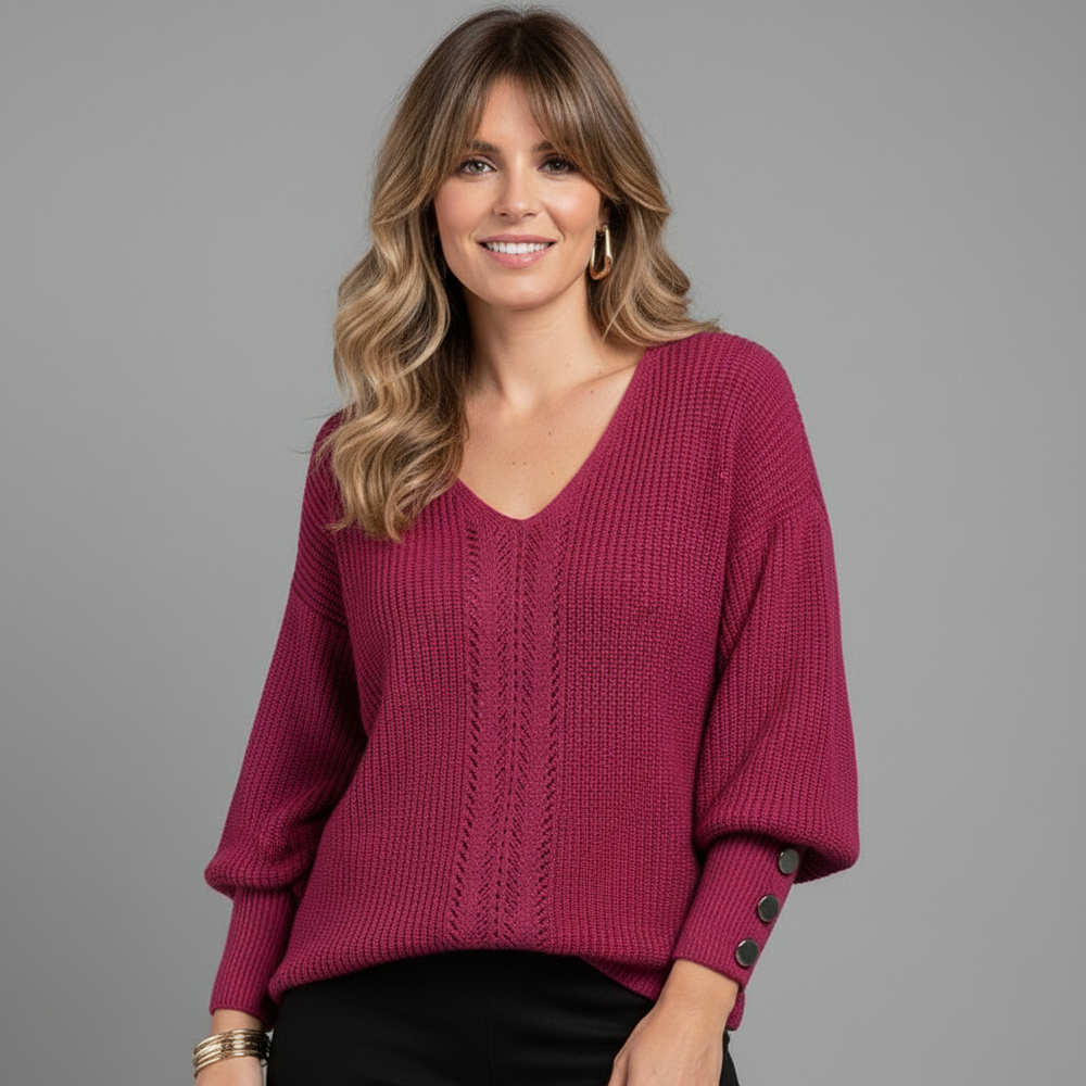 Blouse tricotée douce à col en V et manches longues pour femme avec boutons