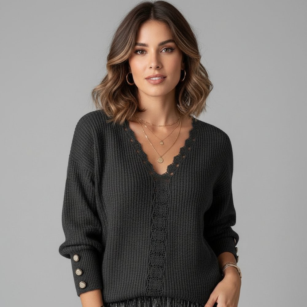 Blouse tricotée douce à col en V et manches longues pour femme avec boutons