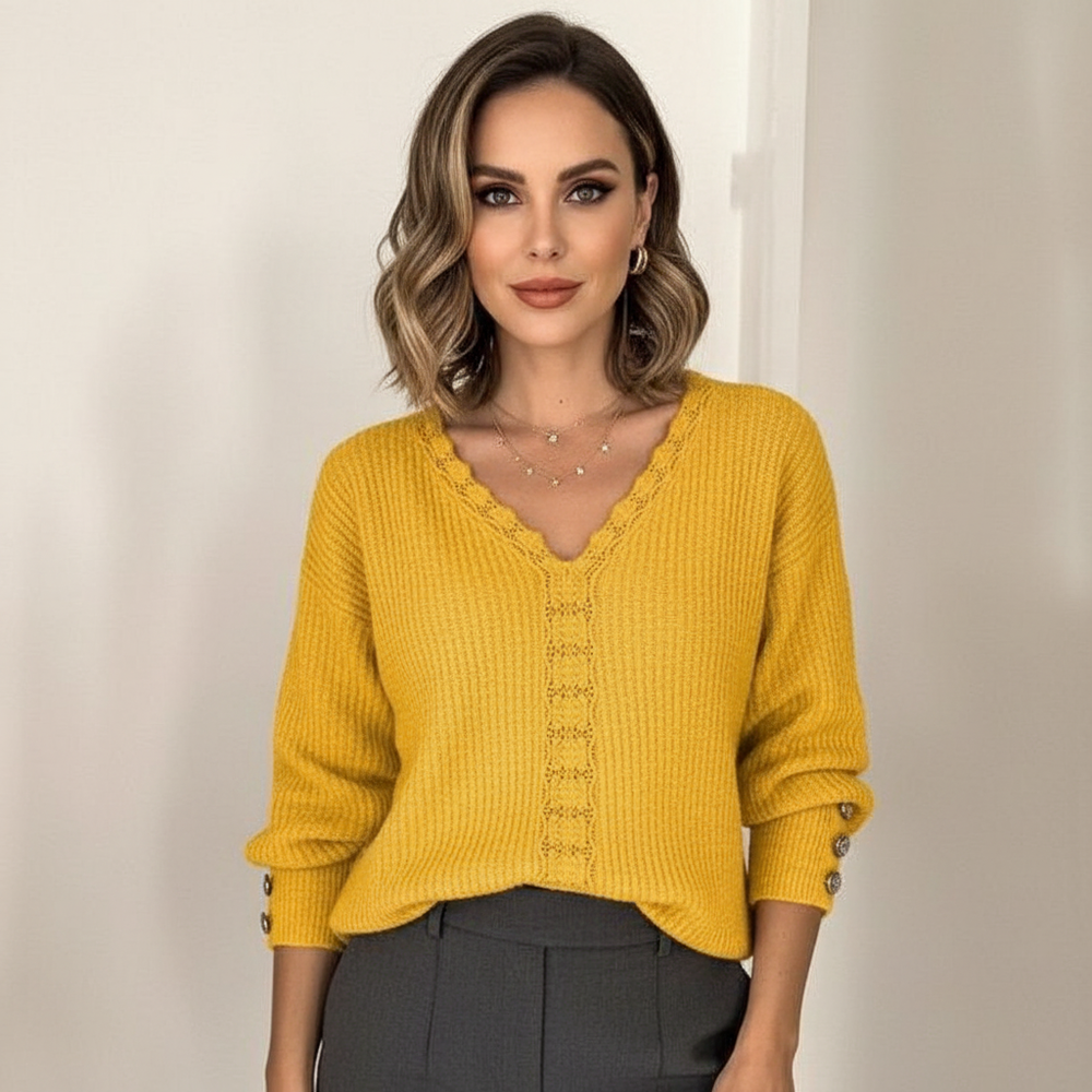 Blouse tricotée douce à col en V et manches longues pour femme avec boutons