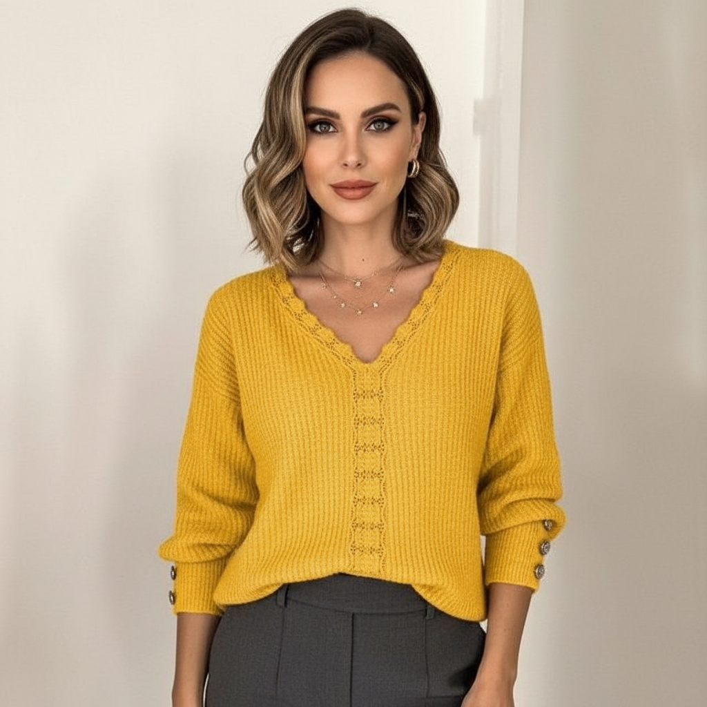 Zachte Gebreide V Hals Lange Mouwen Blouse voor Dames met Knoopjes