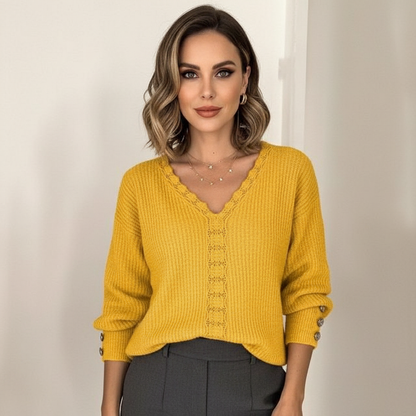 Zachte Gebreide V Hals Lange Mouwen Blouse voor Dames met Knoopjes