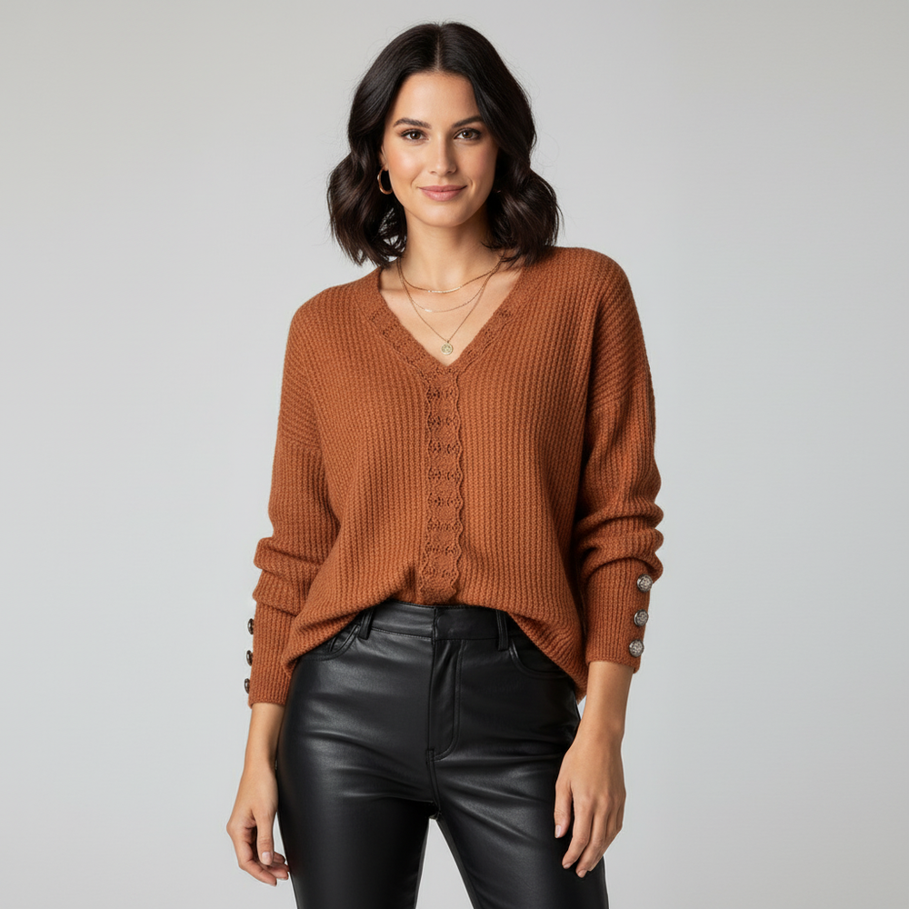 Blouse tricotée douce à col en V et manches longues pour femme avec boutons