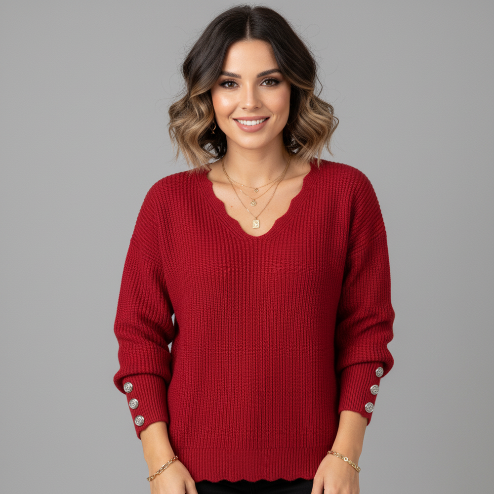 Blouse tricotée douce à col en V et manches longues pour femme avec boutons