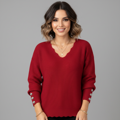 Zachte Gebreide V Hals Lange Mouwen Blouse voor Dames met Knoopjes