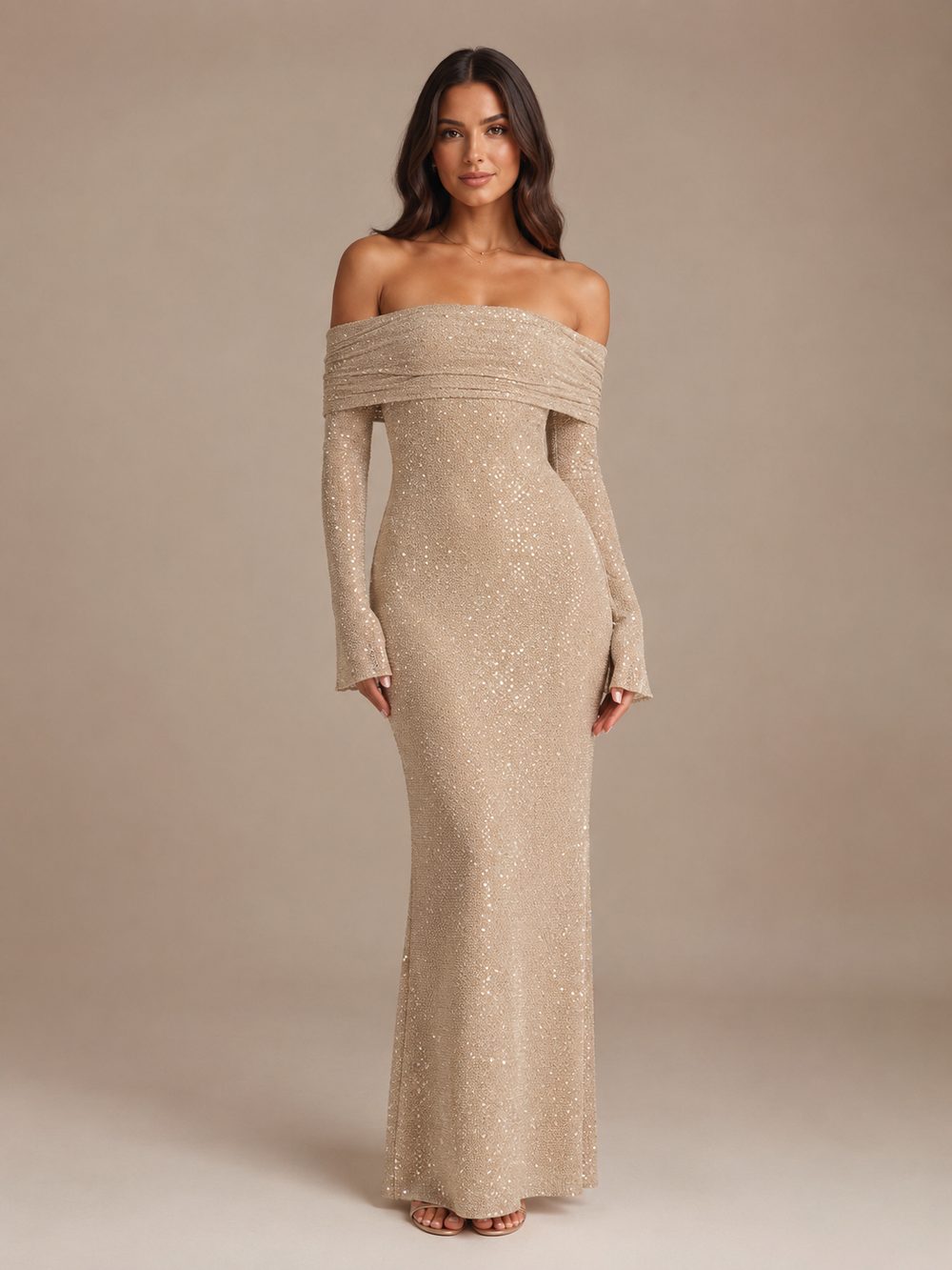Dames Feestelijke Glitter Maxi Jurk met Off-Shoulder Hals