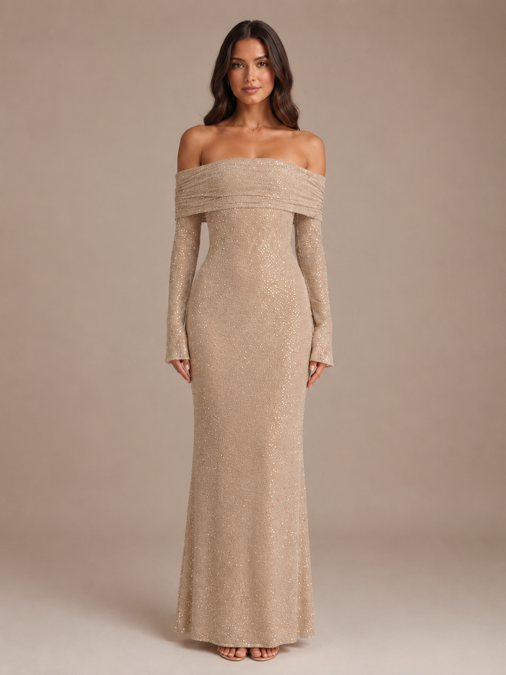Dames Feestelijke Glitter Maxi Jurk met Off-Shoulder Hals