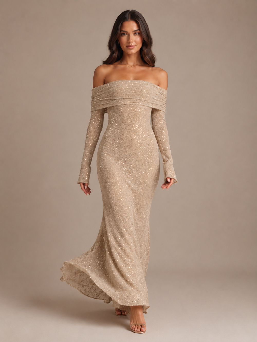 Dames Feestelijke Glitter Maxi Jurk met Off-Shoulder Hals