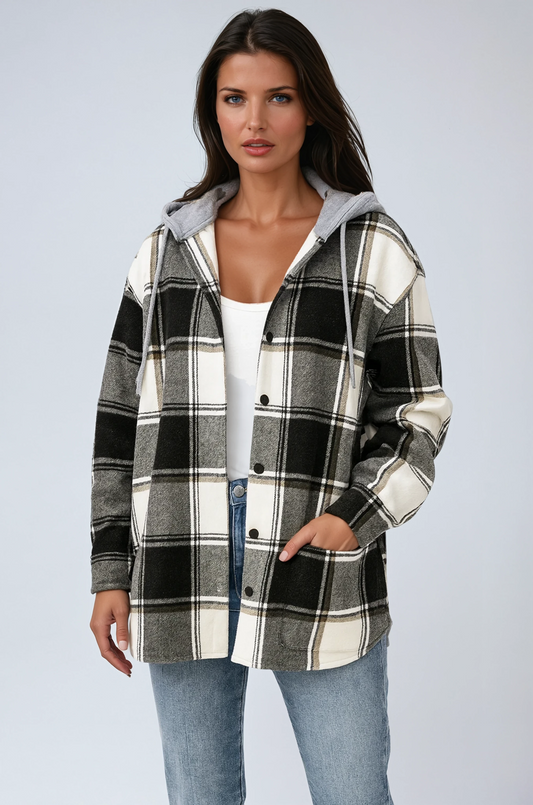 Geruite Oversized Jas met Capuchon voor Vrouwen