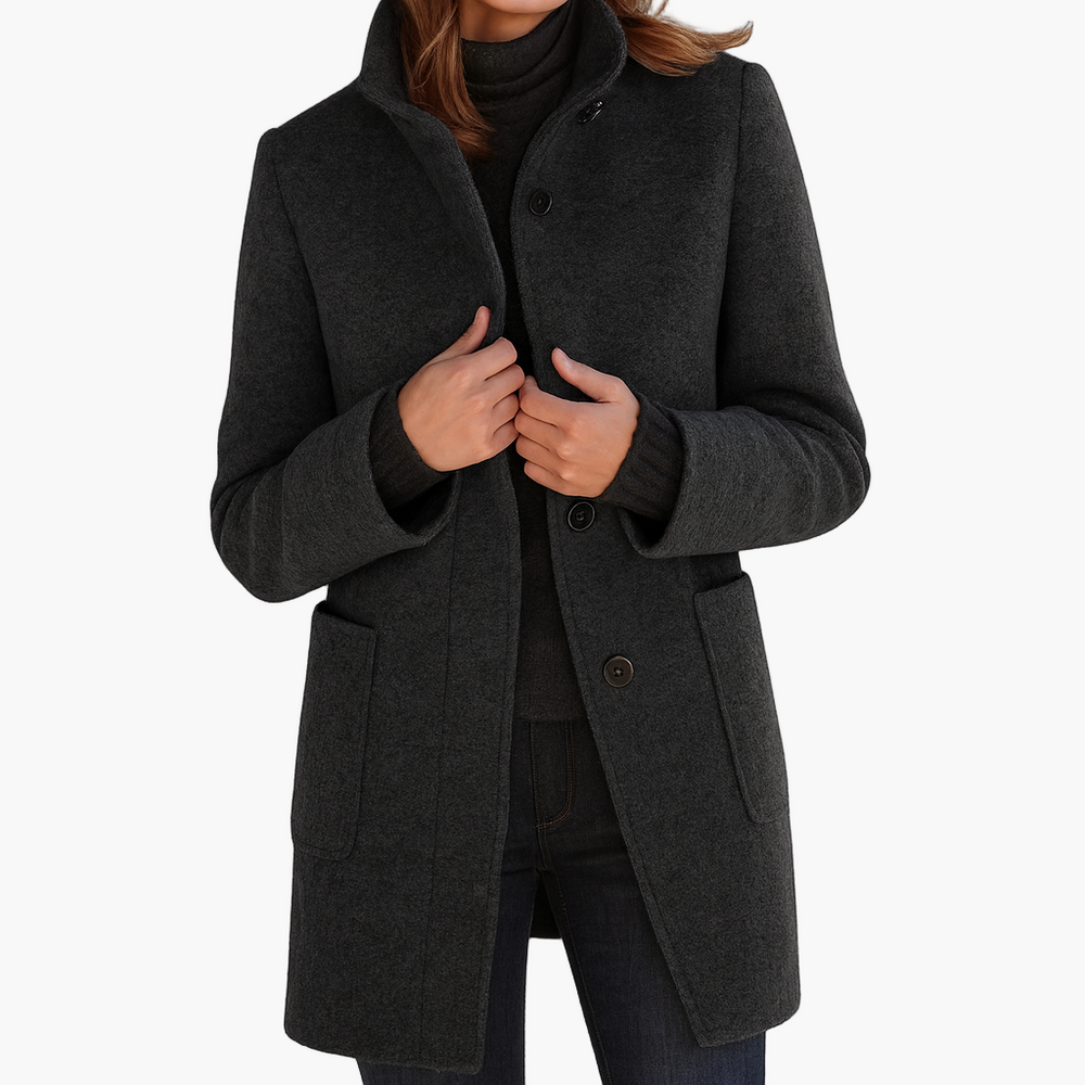 Women's Elegant Winter Coat with a High Collar and Spacious Pockets