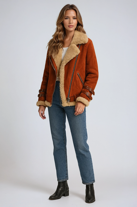 Biker Jas Leerlook met Bont Voering voor Vrouwen