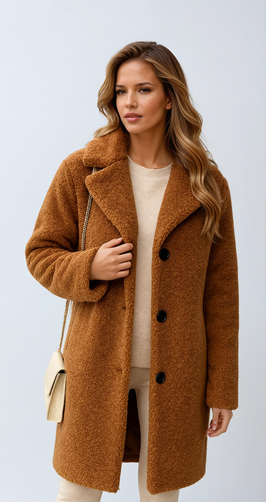 Fleece Jas Lang met Knopen Warme Winterjas voor Dames