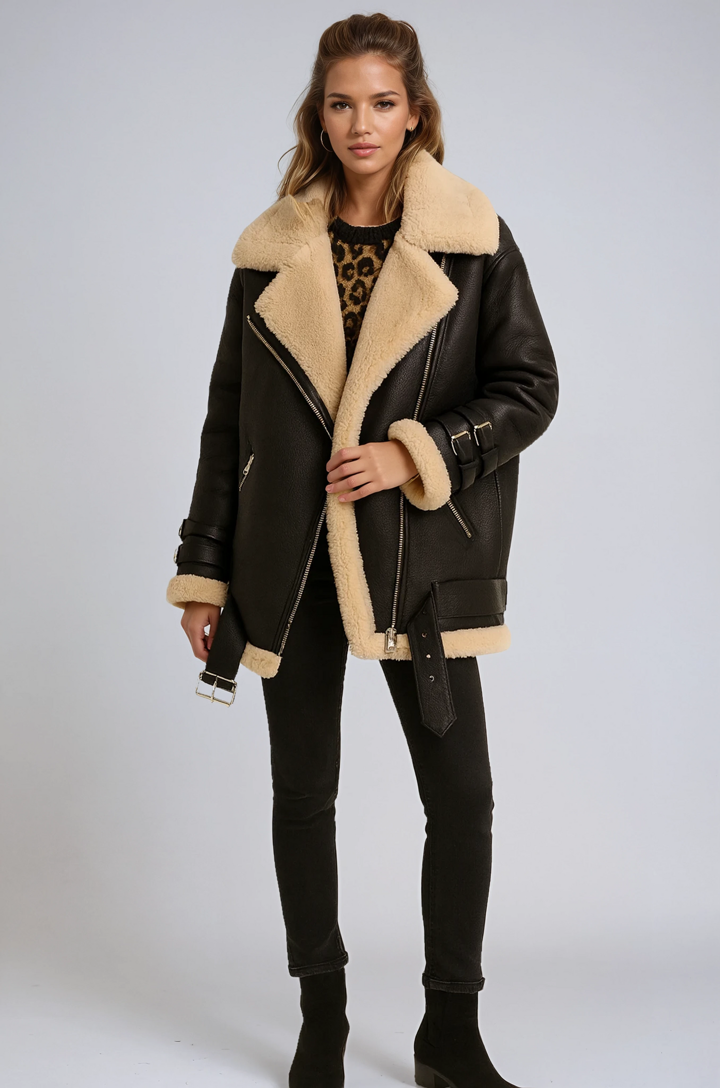 Biker Jas Leerlook met Bont Voering voor Vrouwen
