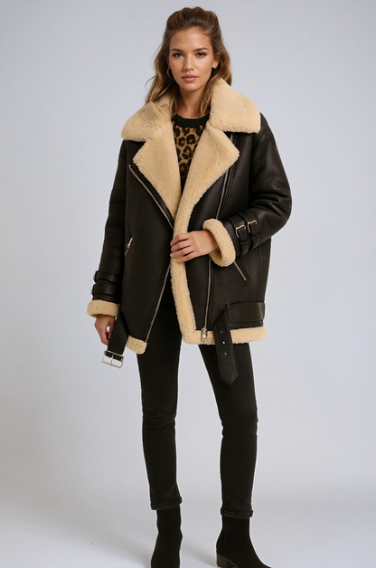 Biker Jas Leerlook met Bont Voering voor Vrouwen