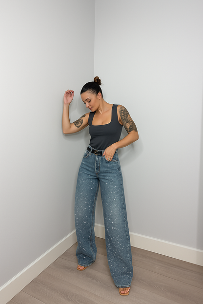 Dames Hoge Taille Rechte Jeans met Glitter