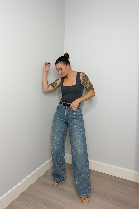 Dames Hoge Taille Rechte Jeans met Glitter