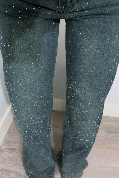 Dames Hoge Taille Rechte Jeans met Glitter