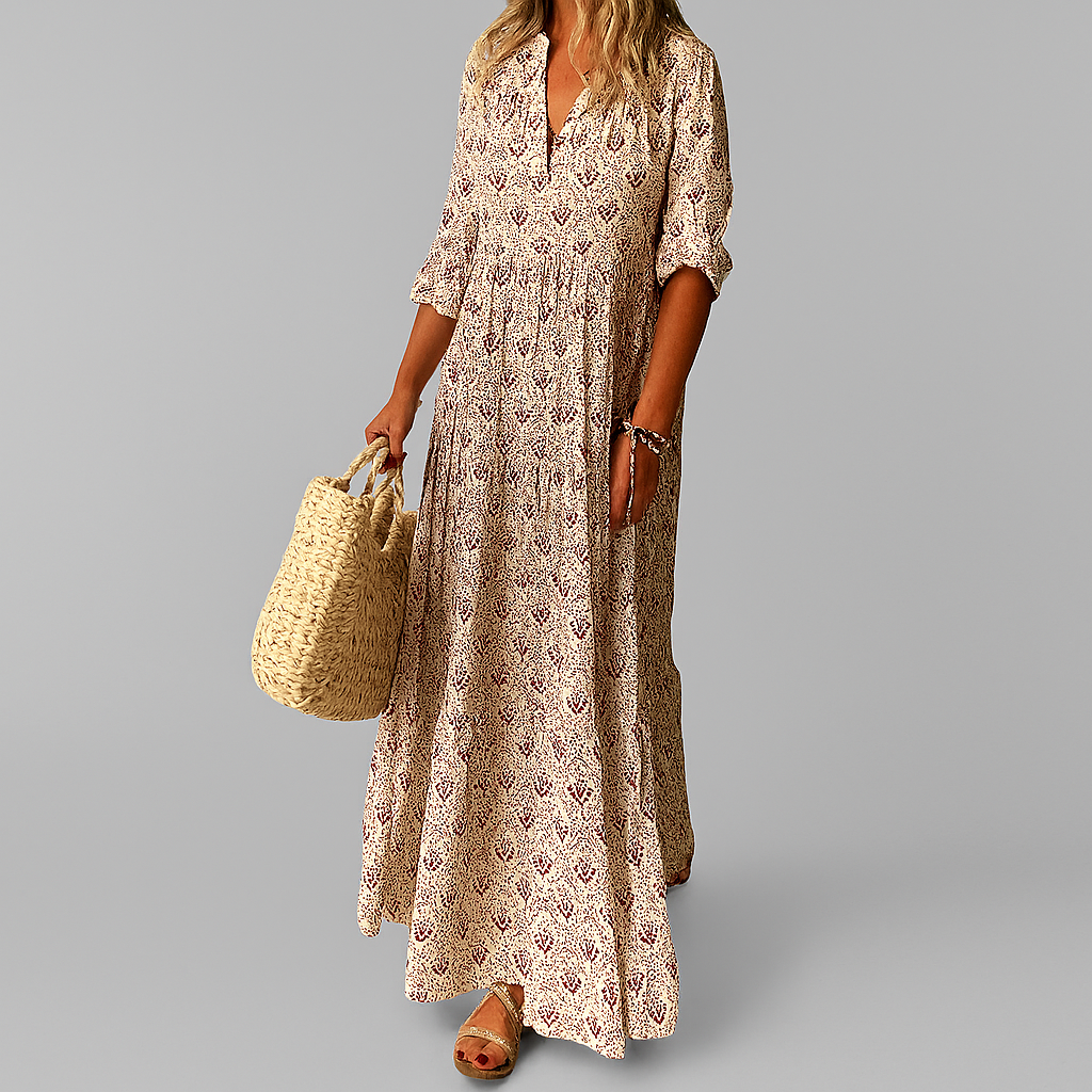 Airy Maxi Summer Dress with Print and V-Neck for Women
