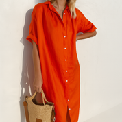 Airy Shirt Dress With Buttons And Short Sleeves For Women