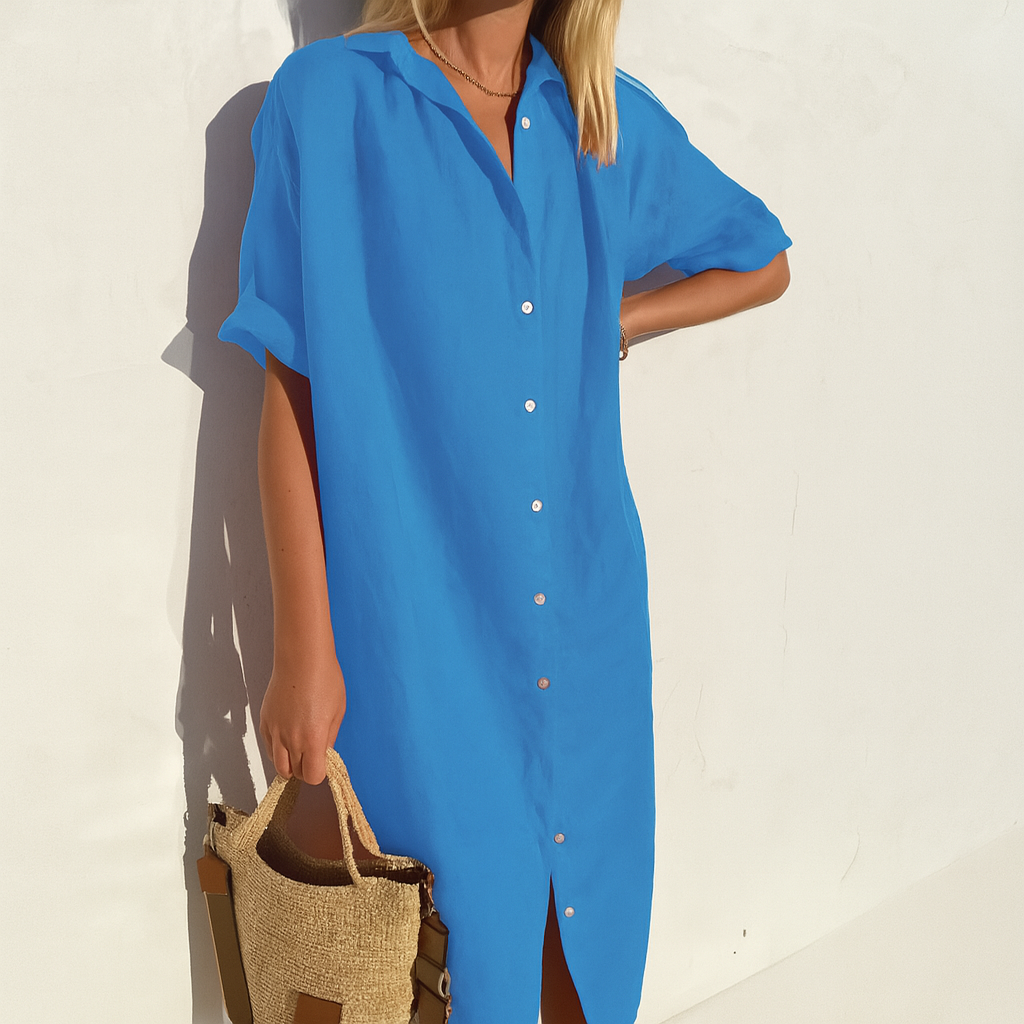 Airy Shirt Dress With Buttons And Short Sleeves For Women